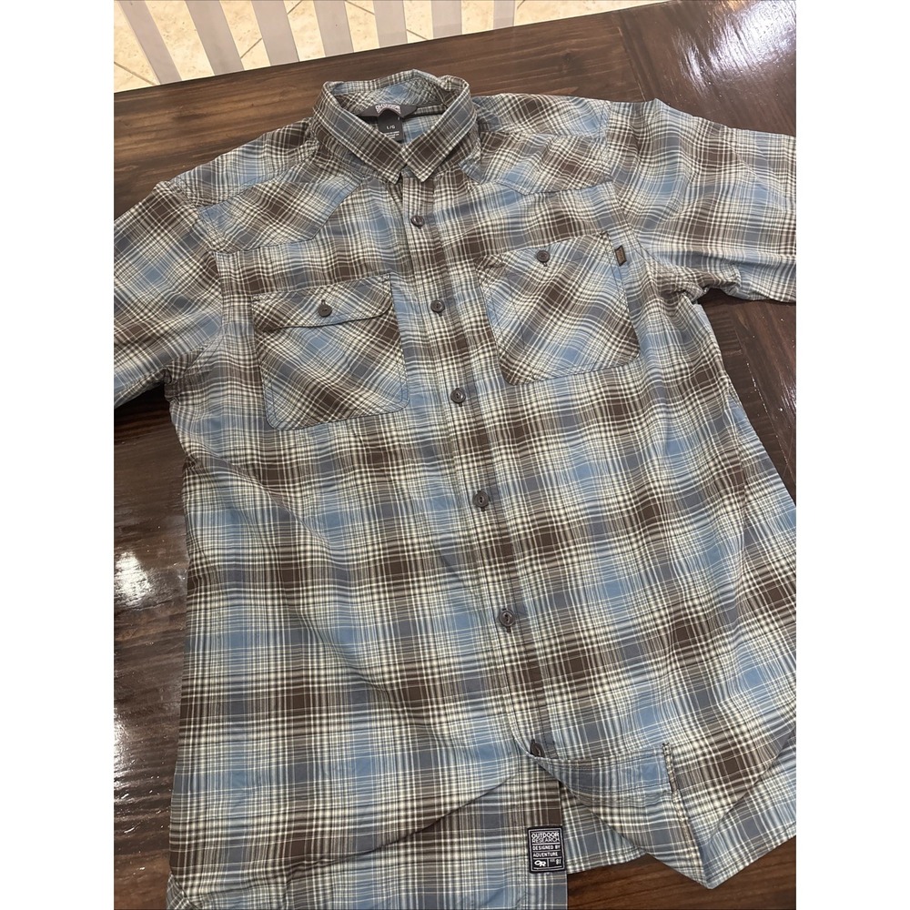 Outdoor Research Jinx Shirt  Large Blue Brown Plaid Short Sleeve Up Hiking
